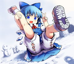 Rule 34 | 1girl, bloomers, blue dress, blue eyes, blue hair, blush, cirno, dress, fairy, fang, full body, hair ornament, hair ribbon, hakkotsu shitai, ice, ice wings, legs up, looking down, matching hair/eyes, open mouth, puffy sleeves, ribbon, shoes, short hair, short sleeves, sitting, smile, sneakers, snow, snowman, socks, solo, touhou, underwear, upskirt, v, vest, white socks, wings