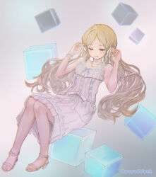 Rule 34 | 1girl, akishiro haruya, bare shoulders, blonde hair, butterfly necklace, closed eyes, collarbone, cube, dress, floating, floating object, gradient background, grey background, hair ribbon, handa roco, high heels, highres, idolmaster, idolmaster million live!, idolmaster million live! theater days, knees together feet apart, knees up, lace, lace-trimmed dress, lace trim, light smile, long hair, official alternate costume, pure onepiece (idolmaster), ribbon, ribbon-trimmed dress, sitting, slippers, solo, twintails, twitter username, u u, very long hair, white background, white dress, white ribbon, white wristband