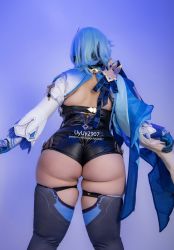 Rule 34 | 1girl, absurdres, asian, ass, bare shoulders, blue hair, cape, cosplay, curvy, eula (genshin impact), eula (genshin impact) (cosplay), from behind, genshin impact, gloves, highres, huge ass, leotard, long hair, photo (medium), real life, shiny clothes, skindentation, solo, thick thighs, thighhighs, thighs, uyuy2907