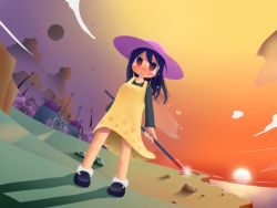 Rule 34 | 1girl, andou natsumi, cliff, cloud, color gradient, crowbar, full body, gate, hat, holding, holding crowbar, moomlin, moon, natsumi step!, ocean, outdoors, scythe, shadow, sky, smile, solo, spoilers, standing, sun, sun hat, tears