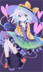 Rule 34 | 1girl, black footwear, black hat, blurry, blurry foreground, boots, bow, buttons, commentary request, diamond button, finger to mouth, frilled shirt collar, frilled skirt, frilled sleeves, frills, full body, green eyes, green skirt, hat, hat bow, heart, hiyuu (hiyualice), knees together feet apart, komeiji koishi, light green hair, long sleeves, looking away, medium hair, shirt, skirt, solo, third eye, touhou, wide sleeves, yellow bow, yellow shirt