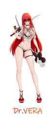 Rule 34 | 1girl, absurdres, anklet, bikini, black bikini, black nails, blouse, breasts, character name, cleavage, closed mouth, colomar, full body, highres, holding, holding sword, holding weapon, jewelry, katana, leg strap, long hair, nail polish, navel, punishing: gray raven, red eyes, red hair, sandals, see-through, see-through shirt, sheath, shirt, simple background, sleeves rolled up, smile, solo, summer uniform, sunglasses, swimsuit, sword, thigh strap, toes, vera (punishing: gray raven), weapon, white background, white shirt