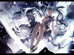 Rule 34 | 1girl, aqua hair, bare legs, bare shoulders, closed eyes, dress, falling, hatsune miku, letterboxed, long hair, necktie, nine (liuyuhao1992), skirt, sleeveless, solo, twintails, very long hair, vocaloid