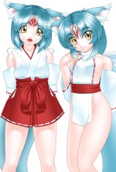 Rule 34 | 2girls, adapted uniform, animal ears, blue hair, delica, detached sleeves, facial mark, fangs, flat chest, fox ears, fox tail, highres, japanese clothes, miko, multiple girls, no bra, no panties, original, siblings, sisters, smile, tail, turtleneck, twins, whiskers, white hair, yellow eyes
