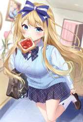Rule 34 | 1girl, bag, bag charm, blonde hair, blue bow, blue bowtie, blue eyes, blue sweater vest, blurry, blurry background, blush, bow, bowtie, bread, bread slice, breasts, brown bag, brown footwear, button eyes, buttons, charm (object), collared shirt, flower, food, food in mouth, hair bow, hand up, haruyuki 14, heart, highres, holding strap, indoors, jam, large breasts, light particles, loafers, long hair, long sleeves, looking at viewer, mouth hold, open door, original, photo (object), pink flower, pink tulip, plaid, plaid bow, plaid bowtie, putting on shoes, rabbit charm, school bag, school uniform, shirt, shoes, solo, standing, standing on one leg, sweatdrop, sweater vest, tile floor, tiles, toast, toast in mouth, tulip, vase, white shirt, wooden floor, yellow flower, yellow tulip