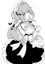 Rule 34 | 1girl, :d, apron, back, black dress, black eyes, breasts, bug, butterfly, chida (eight), dress, elbow gloves, elf, elysia (honkai impact), elysia (miss pink elf) (honkai impact), fake horns, flower, flower ornament, gloves, hair between eyes, hair flower, hair ornament, honkai (series), honkai impact 3rd, horns, insect, long hair, looking at viewer, looking back, maid, maid apron, maid headdress, monochrome, open mouth, pointy ears, puffy short sleeves, puffy sleeves, short sleeves, smile, solo, very long hair, white apron, white background, white flower, white gloves