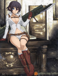 Rule 34 | 1girl, bayonet, bazooka, belt, black hair, blue eyes, boots, breasts, brown gloves, chuunioniika, cleavage, cross-laced footwear, desk, devil may cry, devil may cry (series), devil may cry 4, electronic firearm, female focus, gloves, gun, heterochromia, highres, holster, jewelry, kalina ann (weapon), knee boots, kneehighs, lace-up boots, lady (devil may cry), large breasts, looking at viewer, m1 bazooka, m20 super bazooka, man-portable anti-tank systems, midriff, navel, necklace, no bra, open clothes, red eyes, rocket launcher, scar, short hair, short shorts, shorts, shoulder holster, sitting, smile, socks, solo, thigh gap, watermark, weapon, web address