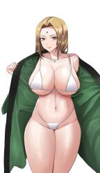 Rule 34 | 1girl, absurdres, bellone, bikini, blonde hair, breasts, brown eyes, cleavage, closed mouth, collarbone, curvy, facial mark, forehead, forehead mark, green jacket, groin, highres, huge breasts, jacket, jewelry, lips, looking at viewer, naruto, naruto (series), navel, open clothes, open jacket, pendant, simple background, single bare shoulder, solo, stomach, swimsuit, thighs, tsunade (naruto), white background, white bikini
