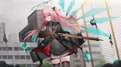 Rule 34 | 1girl, ambriel (arknights), arknights, black gloves, black jacket, black shirt, black skirt, black thighhighs, bolt action, building, chain-link fence, fence, food, gloves, gun, hair ornament, halo, holding, holding gun, holding weapon, jacket, kinona, lee-enfield, long hair, looking at viewer, miniskirt, mouth hold, multicolored hair, one side up, open clothes, open jacket, outdoors, pink hair, pocky, rifle, scope, shirt, skirt, sniper rifle, solo, standing, thighhighs, two-tone hair, weapon, wings, zettai ryouiki