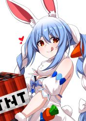 Rule 34 | 1girl, animal ear fluff, animal ears, blue hair, braid, breasts, brown eyes, carrot, carrot hair ornament, carrying, cleavage, don-chan (usada pekora), dress, explosive, food-themed hair ornament, hair ornament, heart, highres, hololive, licking lips, minecraft, multicolored hair, rabbit ears, rabbit girl, rabbit tail, short eyebrows, sidelocks, small breasts, solo, tail, tnt, tnt block (minecraft), tongue, tongue out, twin braids, two-tone hair, usada pekora, usada pekora (1st costume), valefal coneri, virtual youtuber, white background, white hair