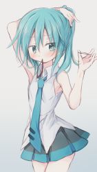 Rule 34 | 1girl, absurdres, alternate hairstyle, arm behind head, arm up, bare arms, bare shoulders, black skirt, blue hair, blue necktie, collared shirt, green eyes, grey background, hair between eyes, hair tie, hatsune miku, highres, hitode, holding, necktie, no detached sleeves, pleated skirt, shirt, skirt, sleeveless, sleeveless shirt, solo, tie clip, tying hair, vocaloid, white shirt