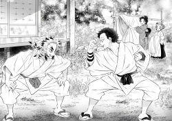 Rule 34 | 1girl, 3boys, :d, akaza (kimetsu no yaiba), alternate universe, arm support, body markings, brothers, child, clenched hand, clothesline, day, dougi, drying, drying clothes, duel, eyelashes, fighting stance, forked eyebrows, garden, greyscale, hair pulled back, hakama, hand up, hands on own thighs, happy, japanese clothes, karate gi, kimetsu no yaiba, kimono, koyuki (kimetsu no yaiba), laundry, laundry pole, mintiaorion, monochrome, multicolored hair, multiple boys, nail polish, nihongami, open mouth, outdoors, ponytail, profile, rengoku kyoujurou, rengoku senjurou, sandals, sash, short hair, siblings, smile, squatting, streaked hair, tasuki, veranda, zouri