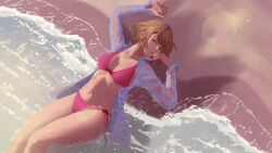 Rule 34 | 1girl, absurdres, androssi zahard, beach, bikini, breasts, brown eyes, brown hair, cleavage, female focus, highres, legs, looking at viewer, lying, nail polish, navel, pink bikini, red nails, sand, shirt, shore, short hair, side-tie bikini bottom, smile, solo, swimsuit, thighs, tower of god, water, wet, wet clothes, wet hair, wet shirt, white shirt