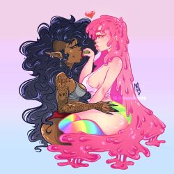 Rule 34 | 2girls, adventure time, alternate skin color, arm tattoo, artist name, black hair, black nails, breasts, chewing gum, colored skin, commentary, dark-skinned female, dark skin, english commentary, hand on another&#039;s thigh, heart, highres, large breasts, long hair, maddness108, marceline abadeer, medium breasts, multiple girls, pickle, pink skin, pointy ears, princess bonnibel bubblegum, sideboob, skull print, tattoo, thick thighs, thighs, yuri