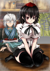 Rule 34 | 1boy, 1girl, ahoge, behind another, between legs, black hair, black skirt, black thighhighs, blurry, box, breasts, cardboard box, choker, commentary request, curtains, depth of field, glasses, hand between legs, hands between legs, hat, hidefu kitayan, highres, indoors, japanese clothes, large breasts, looking at viewer, miniskirt, morichika rinnosuke, no shoes, opaque glasses, red eyes, semi-rimless eyewear, shameimaru aya, shelf, shirt, short hair, short sleeves, sitting, sitting on table, skirt, smile, table, thighhighs, tokin hat, touhou, under-rim eyewear, untucked shirt, v arms, wariza, white hair, white shirt, zettai ryouiki
