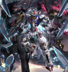 Rule 34 | absurdres, beam rifle, bit (gundam), commentary, dilanza guel custom, energy gun, funnels (gundam), glowing, glowing eyes, green eyes, gun, gundam, gundam aerial, gundam pharact, gundam suisei no majo, highres, holding, holding gun, holding weapon, looking at viewer, mecha, michaelis (mobile suit), mobile suit, no humans, red eyes, robot, the olphy, weapon