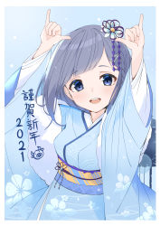 Rule 34 | 1girl, 2021, absurdres, arms up, blue hair, border, commentary, flower, grey eyes, grey hair, hair flower, hair ornament, happy new year, highres, japanese clothes, kimono, long hair, long sleeves, melerdon, multicolored hair, new year, obi, open mouth, original, sash, shaka sign, smile, solo, streaked hair, translated, white border, wide sleeves