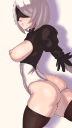 Rule 34 | 1girl, android, ass, blindfold, breasts, feather-trimmed sleeves, from behind, gloves, leotard, long sleeves, looking back, nier (series), nier:automata, playzholder, puffy sleeves, short hair, silver hair, simple background, thighhighs, white leotard, 2b (nier:automata)