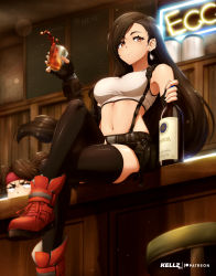 Rule 34 | 2girls, absurdres, alcohol, armpits, artist name, bar (place), bare shoulders, belt, black gloves, black thighhighs, blurry, bokeh, bottle, breasts, brown eyes, brown hair, closed mouth, commentary, counter, crossed legs, cup, depth of field, earrings, english commentary, eyebrows, eyelashes, final fantasy, final fantasy vii, final fantasy vii remake, fingerless gloves, forehead, full body, gloves, hand up, headband, highres, holding, holding bottle, holding cup, jessie rasberry, jewelry, kellzallday, light particles, long hair, looking at another, looking at viewer, multiple girls, navel, patreon username, red footwear, red headband, seventh heaven, shadow, sitting, smile, square enix, stool, suspenders, tavern, thighhighs, thighs, tifa lockhart, v-shaped eyebrows