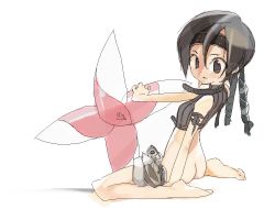 Rule 34 | 1990s (style), 1girl, amiami, ass, barefoot, black hair, bottomless, butt crack, clothes pull, feet, final fantasy, final fantasy vii, retro artstyle, short shorts, shorts, shorts pull, shuriken, simple background, sitting, wariza, weapon, white background, yuffie kisaragi