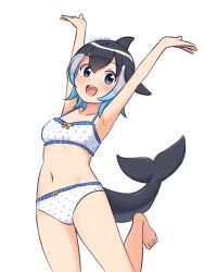 Rule 34 | 1girl, :d, armpits, arms up, barefoot, blowhole, blue eyes, blue hair, bra, breasts, cetacean tail, collarbone, commentary, common dolphin (kemono friends), dorsal fin, fins, fish tail, hair between eyes, highres, kemono friends, looking at viewer, multicolored hair, navel, open mouth, panties, polka dot, polka dot bra, polka dot panties, shiraha maru, short hair, simple background, small breasts, smile, solo, tail, teeth, twitter username, underwear, underwear only, upper teeth only, white background, white hair