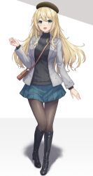 Rule 34 | 1girl, absurdres, alternate costume, atago (kancolle), bag, beret, black footwear, black hat, black sweater, blue skirt, boots, brown pantyhose, commentary request, full body, grey background, grey jacket, hat, highres, jacket, kantai collection, knee boots, long sleeves, monoku, open clothes, open jacket, pantyhose, pleated skirt, ribbed sweater, shadow, shoulder bag, skirt, solo, standing, sweater, turtleneck, turtleneck sweater, two-tone background, white background