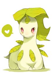 Rule 34 | bayleef, blush, closed mouth, creatures (company), full body, game freak, gen 2 pokemon, green theme, happy, heart, leaf, looking at viewer, nintendo, pokemon, pokemon (creature), puddingx2, red eyes, simple background, sitting, smile, speech bubble, spoken heart, white background