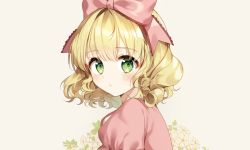Rule 34 | 1girl, blonde hair, blush, bow, closed mouth, flower, from side, green eyes, hair bow, hinaichigo, looking at viewer, looking to the side, pink bow, puffy sleeves, rozen maiden, short hair, sigi, solo, tareme, upper body, wavy mouth