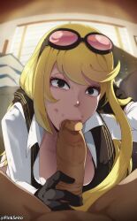 Rule 34 | 1boy, 1girl, :&gt;=, absurdres, bandai, black gloves, black scarf, blonde hair, breasts, cleavage, clothed female nude male, digimon, digimon story: cyber sleuth, digimon story: cyber sleuth hacker&#039;s memory, erection, eyewear on head, fellatio, gloves, hetero, highres, kuremi kyouko, large breasts, licking, licking penis, long hair, looking at viewer, no bra, nude, office, open mouth, oral, orphen (pink seito), penis, pov, pov crotch, print scarf, scarf, shirt, sunglasses, uncensored, white shirt