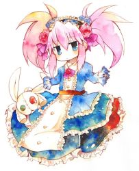 Rule 34 | 00s, 1girl, blue dress, blue eyes, blue flower, blue rose, child, dress, flower, frills, gothic lolita, hagino kaede, hair flower, hair ornament, hairband, headdress, lolita fashion, lolita hairband, official alternate costume, pink hair, presea combatir, red flower, red rose, rose, solo, stuffed animal, stuffed toy, tales of (series), tales of symphonia, white background