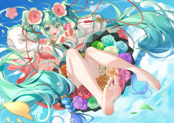 Rule 34 | 1girl, :d, absurdres, aqua eyes, aqua hair, arm up, armpits, bare legs, barefoot, blue flower, blue rose, blush, braid, commentary request, detached sleeves, dress, feet, flower, flower underskirt, from below, full body, green flower, green nails, green rose, hair between eyes, hair flower, hair ornament, hair ribbon, hand up, hatsune miku, headset, highres, holding, holding microphone, long hair, long sleeves, looking at viewer, magical mirai (vocaloid), magical mirai miku, magical mirai miku (2021), meion, microphone, nail polish, open mouth, orange flower, orange rose, petals, pink flower, pink rose, purple flower, purple rose, red flower, red ribbon, red rose, ribbon, rose, smile, soles, solo, spring onion, thighhighs, toenail polish, toenails, toes, twintails, very long hair, vocaloid, white dress, white flower, white rose, wide sleeves