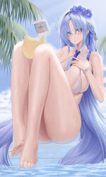Rule 34 | 1girl, absurdres, alsace (azur lane), alsace (heat beating summer sacrament) (azur lane), azur lane, bare shoulders, barefoot, between breasts, between legs, bikini, bird, black hairband, black ribbon, blue eyes, blue hair, blue necktie, blue ribbon, blue sky, braid, breasts, chick, chinese commentary, cleavage, closed mouth, collarbone, commentary request, crown braid, detached collar, flower, food, food between breasts, full body, hair flower, hair ornament, hair ribbon, hairband, hand on own chest, highres, holding, holding photo, ichikushi mojibake, knees up, large breasts, long hair, looking at viewer, manjuu (azur lane), necktie, necktie between breasts, notice lines, official alternate costume, palm leaf, parted bangs, photo (object), pool, popsicle, ribbon, scrunchie, sidelocks, sitting, sky, solo focus, swimsuit, very long hair, water, white bikini, wrist scrunchie