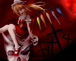 Rule 34 | 1girl, ankle socks, ascot, bat (animal), blonde hair, cross, dress, embodiment of scarlet devil, artistic error, female focus, flandre scarlet, frills, hat, hat ribbon, looking at viewer, mary janes, moon, open mouth, pale skin, red background, red moon, ribbon, shoes, short hair, short sleeves, side ponytail, sitting, skull, smile, socks, solo, takamachi, touhou, wings