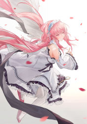 Rule 34 | 1girl, :|, absurdres, azur lane, blurry, blurry foreground, closed mouth, commentary request, detached sleeves, dress, eyebrows hidden by hair, falling petals, frilled dress, frills, full body, gradient background, headdress, highres, long hair, perseus (azur lane), petals, pink hair, single wing, solo, twintails, white dress, white legwear, white sleeves, white wings, wings, you zhaqi