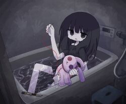 Rule 34 | 1girl, bathing, bathtub, black eyes, black hair, black shirt, black shorts, boxcutter, clothed bath, crying, crying with eyes open, cuts, hand up, handprint, holding, holding needle, holding sewing needle, holding stuffed toy, indoors, injury, kanikan, knee up, long hair, looking at viewer, needle, off-shoulder shirt, off shoulder, open mouth, original, pale skin, partially submerged, puffy short sleeves, puffy sleeves, self-harm, sewing, sewing needle, shirt, short sleeves, shorts, sitting, solo, straight hair, string, stuffed animal, stuffed rabbit, stuffed toy, stuffing, tears