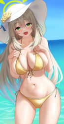 Rule 34 | 1girl, :d, absurdres, bikini, blue archive, blush, breasts, cleavage, cowboy shot, fujioni, green eyes, grey hair, halo, hat, highres, large breasts, long hair, looking at viewer, navel, nonomi (blue archive), nonomi (swimsuit) (blue archive), open mouth, outdoors, sideboob, smile, solo, swimsuit, thighs, water, white hat, yellow bikini