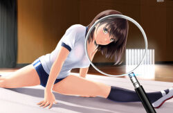 Rule 34 | 1girl, basketball hoop, black socks, blue butterfly, bra, bra visible through clothes, breasts, brown eyes, brown hair, bug, butterfly, gym shirt, gym uniform, highres, indoors, insect, kneehighs, looking at viewer, magnifying glass, medium breasts, nonaka ritsu, original, parted lips, puffy short sleeves, puffy sleeves, see-through, shirt, shoes, short sleeves, socks, solo, underwear, uwabaki, wet, wet clothes, wet shirt, white bra, white footwear, x-ray vision