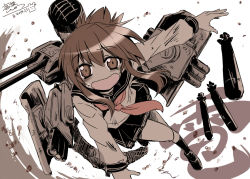 Rule 34 | 10s, 1girl, backpack, bag, cannon, folded ponytail, inazuma (kancolle), kantai collection, long hair, looking at viewer, monochrome, open mouth, personification, school uniform, serafuku, skirt, solo, takana shinno, torpedo