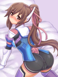 Rule 34 | 1girl, all fours, armor, ass, blush, breasts, brown eyes, brown hair, cameltoe, cleft of venus, female focus, from behind, gloves, hair ornament, hair ribbon, highres, long hair, looking at viewer, looking back, open mouth, parted lips, ponytail, ribbon, saionji reimi, short shorts, shorts, skin tight, slashcat, solo, star ocean, star ocean the last hope, thighhighs, very long hair
