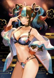 Rule 34 | 1girl, absurdres, bare shoulders, blue hair, bra, breasts, brown hair, cleavage, collar, collarbone, fate/grand order, fate (series), floral print, green eyes, hair ornament, hairclip, hand on own hip, hand up, highres, lace trim, lingerie, long sleeves, looking at viewer, mashuu (neko no oyashiro), medium breasts, multicolored hair, navel, off shoulder, red hair, scan, sei shounagon (fate), smile, solo, stomach, thighs, tongue, tongue out, twintails, underwear
