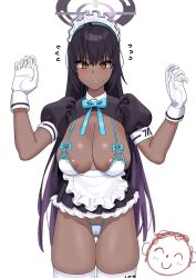 Rule 34 | 1girl, absurdres, ahoge, alternate legwear, areola slip, arms up, black hair, blue archive, blue bow, blue bowtie, blush, bow, bowtie, breasts, commentary request, dark-skinned female, dark skin, fffukuzawa, gloves, highres, karin (blue archive), large breasts, long hair, maid, maid headdress, panties, parted lips, puffy short sleeves, puffy sleeves, short sleeves, simple background, solo, standing, thighhighs, underwear, white background, white gloves, white panties, white thighhighs, yellow eyes