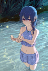 Rule 34 | 1girl, absurdres, bare shoulders, bikini, blue bikini, blue hair, braid, braided ponytail, closed mouth, collarbone, cupping hands, flower, frilled bikini, frills, groin, hair flower, hair ornament, highres, idolmaster, idolmaster shiny colors, jichi, low ponytail, morino rinze, navel, outdoors, own hands together, plant, red eyes, ripples, smile, solo, swimsuit, wading, water