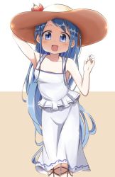 Rule 34 | 1girl, :d, alternate costume, bare shoulders, blue eyes, blue hair, collarbone, dress, hand on headwear, hat, kantai collection, long hair, looking at viewer, open mouth, purin a la mode (popup), samidare (kancolle), simple background, sleeveless, sleeveless dress, smile, solo, straw hat, very long hair, white dress