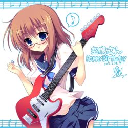 Rule 34 | 1girl, beamed quavers, blue eyes, brown hair, dated, glasses, guitar, happy birthday, holding, instrument, looking at viewer, musical note, original, quaver, raiou, school uniform, skirt, solo, speech bubble, spoken musical note, staff (music), tongue, tongue out