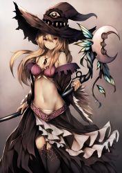 Rule 34 | 1girl, absurdres, bare shoulders, black hat, black skirt, black thighhighs, blonde hair, dorothy (shingeki no bahamut), gradient background, groin, has bad revision, has downscaled revision, hat, highres, jewelry, long hair, long sleeves, looking at viewer, md5 mismatch, midriff, navel, necklace, off shoulder, red eyes, resolution mismatch, revealing clothes, revision, shadowverse, showgirl skirt, skirt, snm (sunimi), solo, source smaller, staff, standing, thighhighs, weapon, wide sleeves, witch, witch hat