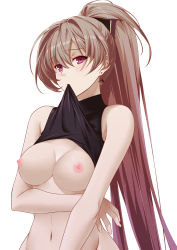 Rule 34 | 1girl, azur lane, black shirt, blouse, breasts, breasts out, brown hair, clothes lift, earrings, hair between eyes, high ponytail, highres, jean bart (azur lane), jewelry, lifted by self, long hair, medium breasts, mouth hold, navel, nipples, purple eyes, sashimori5, shirt, shirt lift, simple background, sleeveless, sleeveless shirt, solo, upper body, very long hair, white background