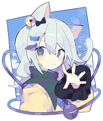 Rule 34 | 1girl, :3, animal ears, animal hair ornament, bad id, bad pixiv id, bell, black bow, blouse, blue background, blush stickers, border, bow, bright pupils, cat ears, cat girl, cat tail, closed mouth, cloud, cropped torso, eyeball, eyes visible through hair, fish hair ornament, frilled sleeves, frills, from side, gradient eyes, green eyes, hair bell, hair between eyes, hair bow, hair ornament, hairclip, halftone, hand up, hatsushiro mamimu, high collar, highres, jingle bell, kemonomimi mode, komeiji koishi, light green hair, long hair, long sleeves, looking at viewer, looking to the side, multicolored eyes, no headwear, no nose, notice lines, open hand, outdoors, outline, outside border, shirt, smile, solo, sparkle, tail, tail raised, tareme, third eye, touhou, turtleneck, upper body, white border, white outline, white pupils, wide sleeves, yellow shirt
