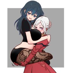 Rule 34 | 2girls, armor, armored dress, between breasts, blue hair, breasts, byleth (female) (fire emblem), byleth (fire emblem), crop top, dress, edelgard von hresvelg, face between breasts, fire emblem, fire emblem: three houses, had a dream everyone was drawing lesbian ships like this (meme), head between breasts, highres, large breasts, leg lock, lifting person, meme, multiple girls, nagasawa (tthnhk), nintendo, pantyhose, patterned legwear, purple eyes, red dress, short shorts, shorts, smile, white hair, yuri