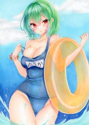 Rule 34 | 1girl, black one-piece swimsuit, blue sky, breasts, buoy, cameltoe, cleavage, closed mouth, clothes pull, cloud, cowboy shot, gradient sky, green hair, groin, highres, holding, holding swim ring, innertube, kazami yuuka, large breasts, looking at viewer, natsume nadeshiko, old school swimsuit, one-piece swimsuit, one-piece swimsuit pull, outdoors, partially submerged, pulling own clothes, red eyes, school swimsuit, short hair, sky, solo, standing, swim ring, swimsuit, touhou, traditional media