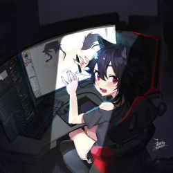 Rule 34 | 1girl, animal ears, bare shoulders, black hair, black shirt, black shorts, blush, commentary request, ejami, ekko (ejami), fox ears, fox girl, fox tail, hair between eyes, headset, holding, holding pen, indoors, long hair, looking at viewer, monitor, open mouth, original, pen, red eyes, screen light, shirt, short shorts, short sleeves, shorts, signature, sitting, smile, solo, tail